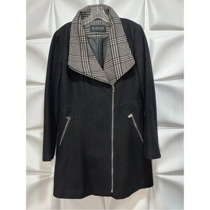 Guess Womens Sz L Black Wool Full Zip Up Plaid Collar Long Tunic Moto Coat